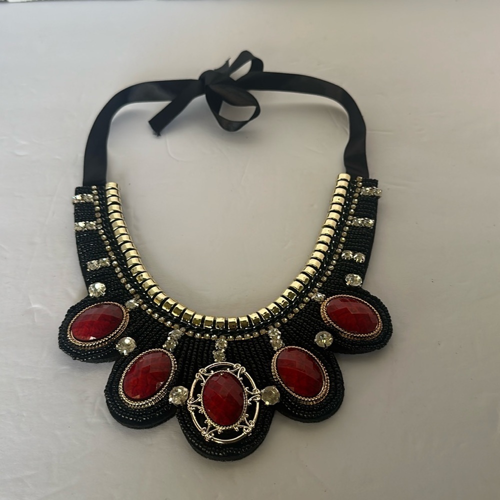 Statement Bib Necklace - Red Gemstone, Crystal & Beaded - Adjustable Black Tie